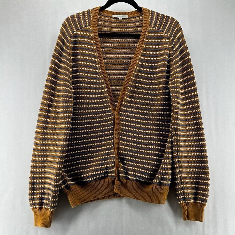 Carven Sweater Mens Sz L Button Up Knitted Cardigan Motif Stripe Brown Multi